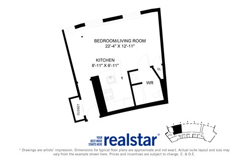 Harbourview Apartments bachelor layout variation B in Oakville, ON